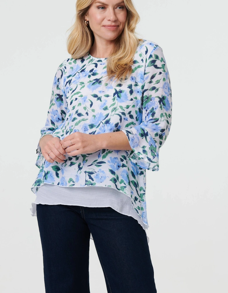 Floral Layered 3/4 Sleeve Tunic Top