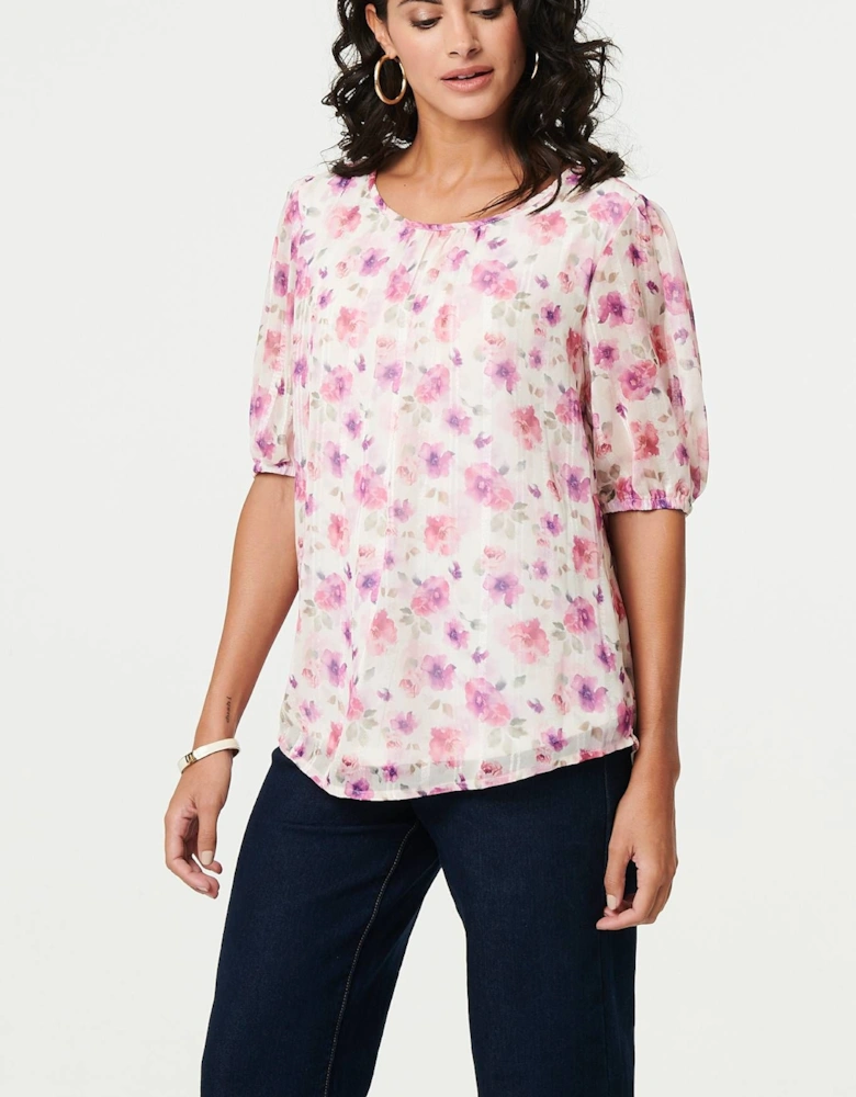 Floral 1/2 Sleeve Semi Sheer Blouse