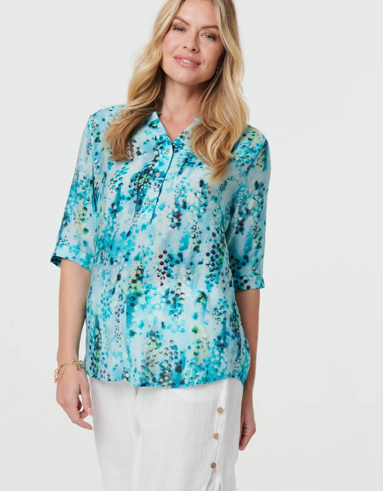 Printed 3/4 Sleeve Relaxed V-Neck Blouse