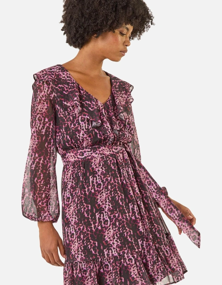 Animal Print Frill V-Neck Dress