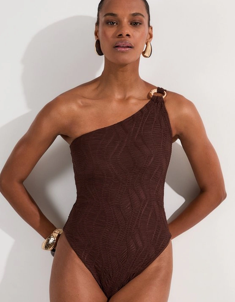 Textured One Shoulder Cut Out Swimsuit