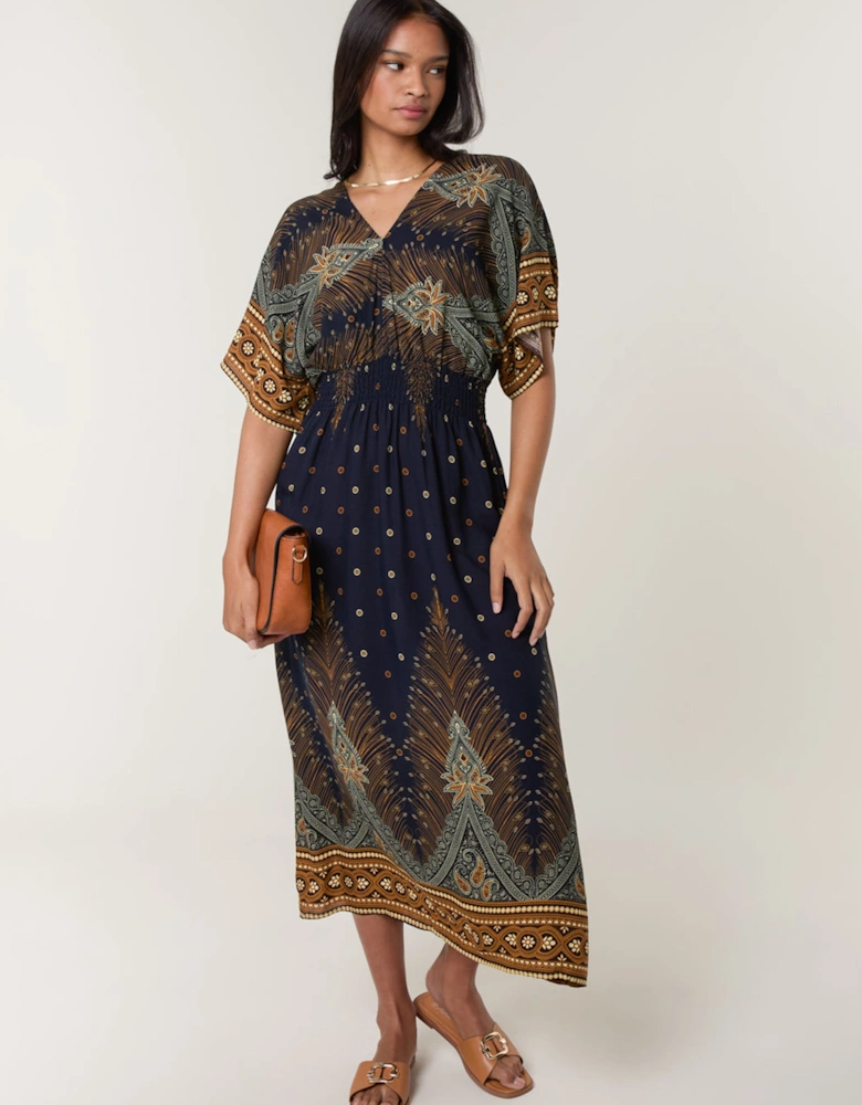 Navy Peacock Print Dress