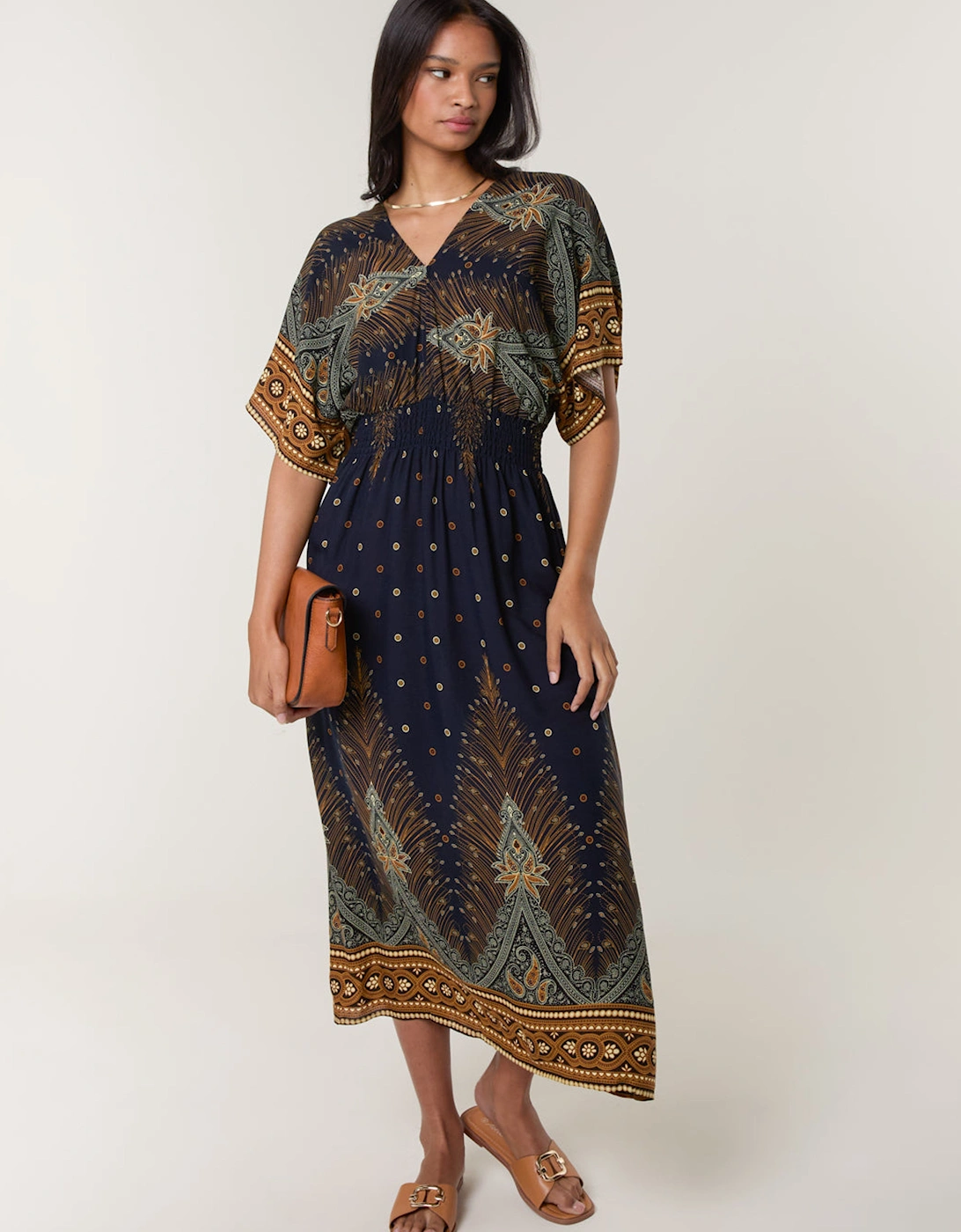 Navy Peacock Print Dress, 2 of 1