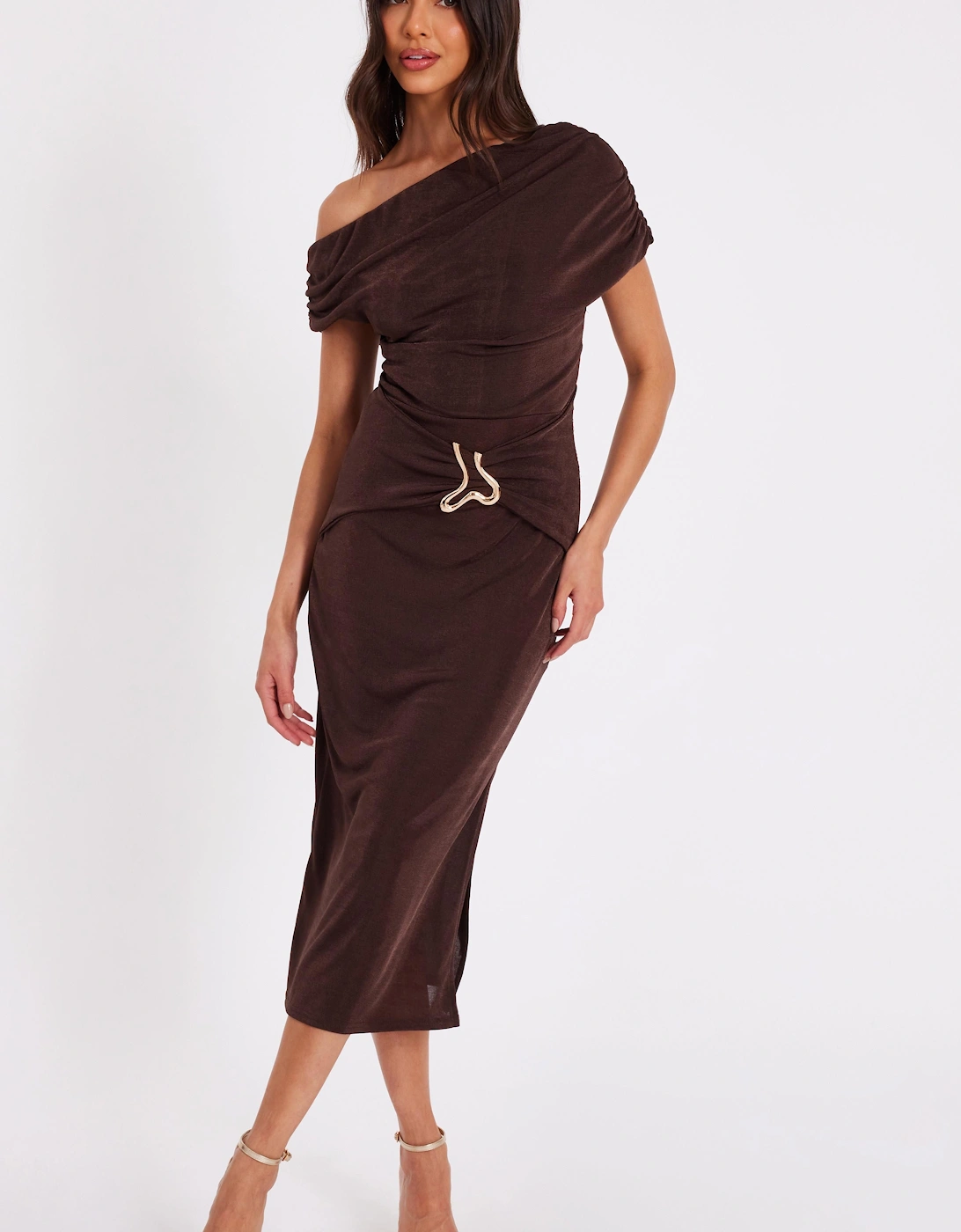 Brown Drop Sleeve Buckle Midaxi Dress, 2 of 1