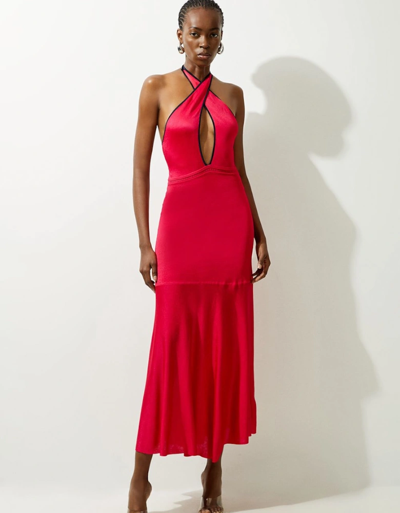 Slinky Knit Contrast Piping Halter Neck Maxi Dress