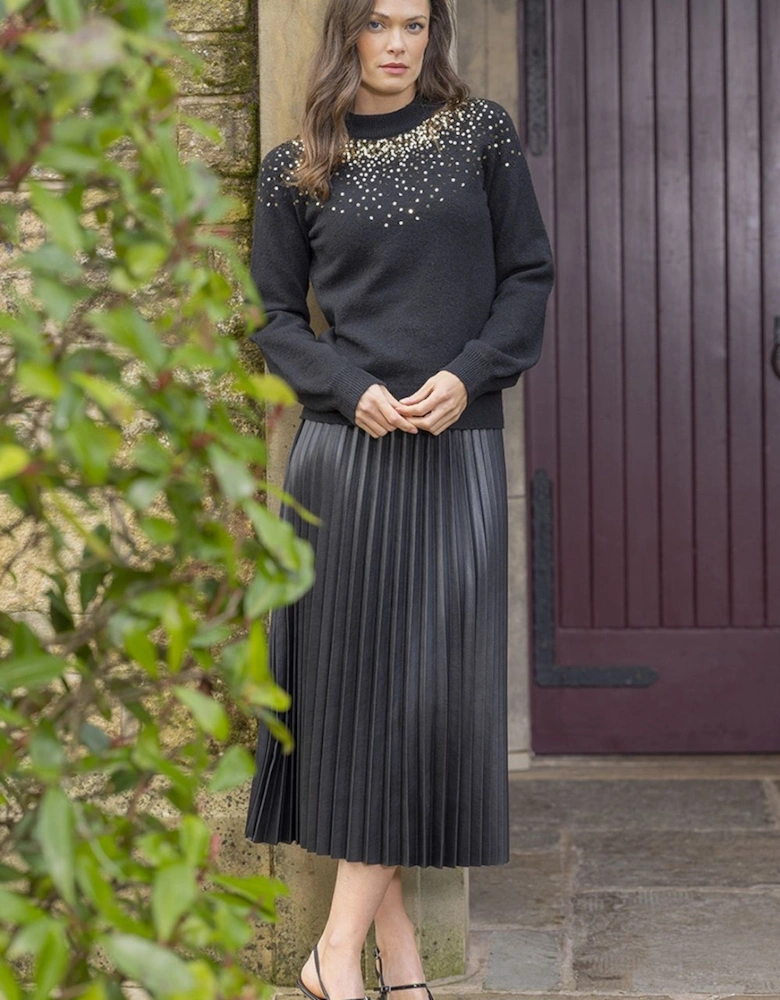Faux Leather Pleated Midi Skirt