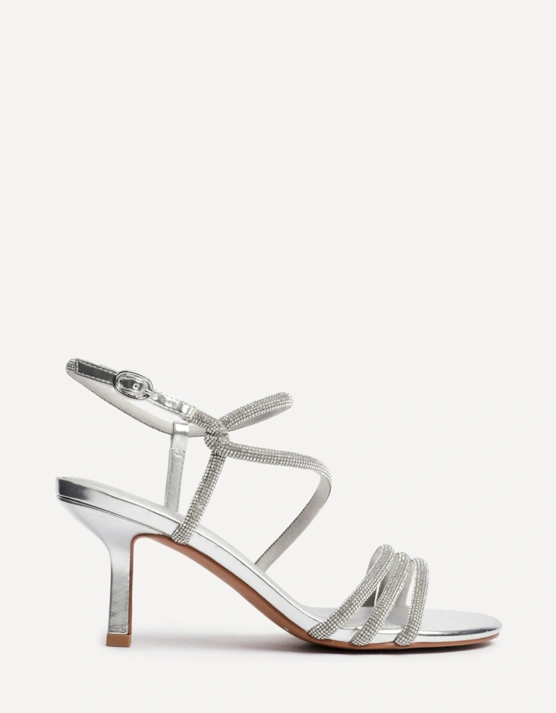 Charm Silver Faux Leather Strappy Diamante Heeled Sandal