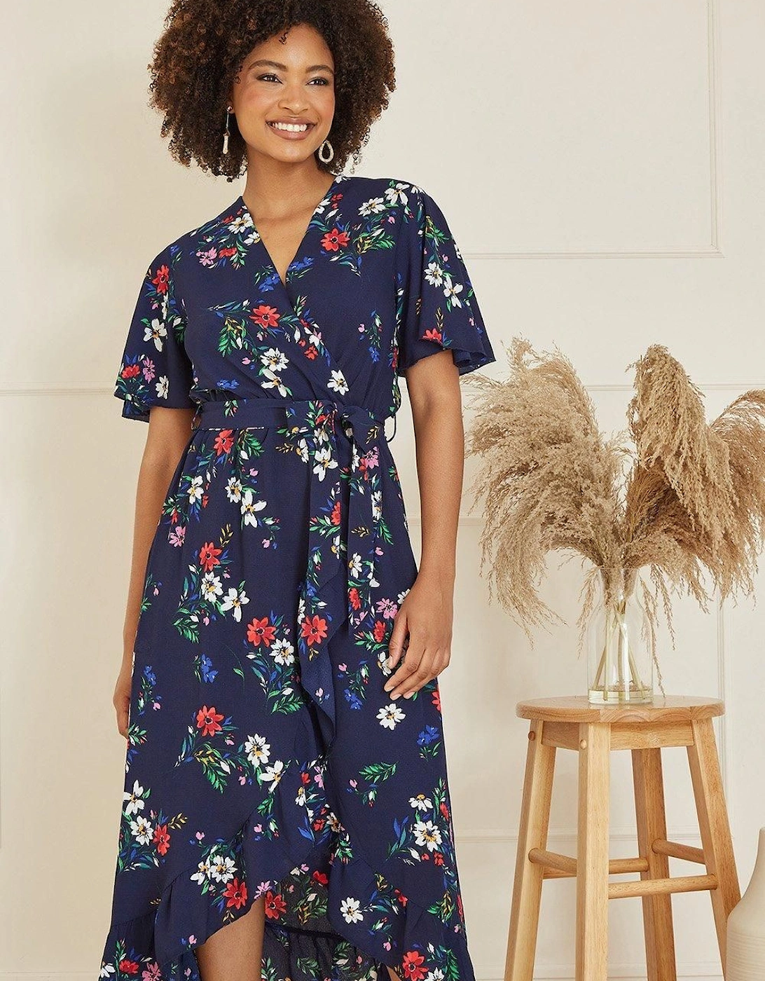 Navy Floral Wrap Dress With Frill Hem, 2 of 1