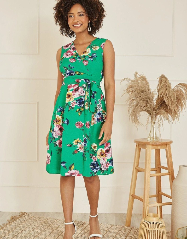 Green Floral Wrap Over Midi Skater Dress