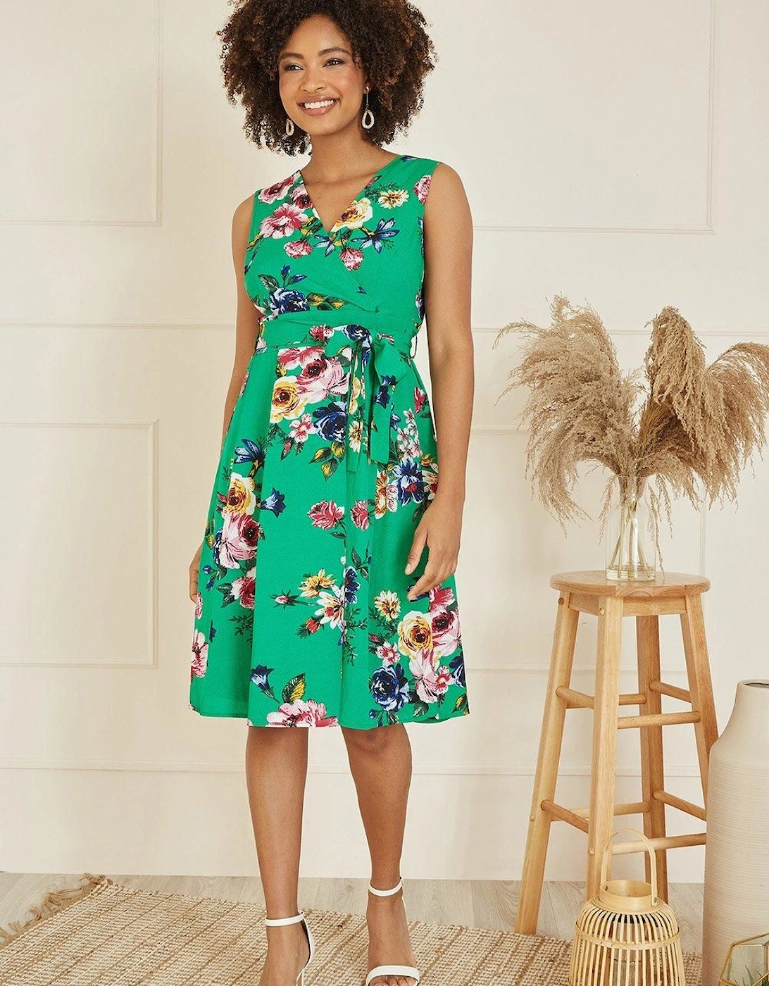 Green Floral Wrap Over Midi Skater Dress, 2 of 1