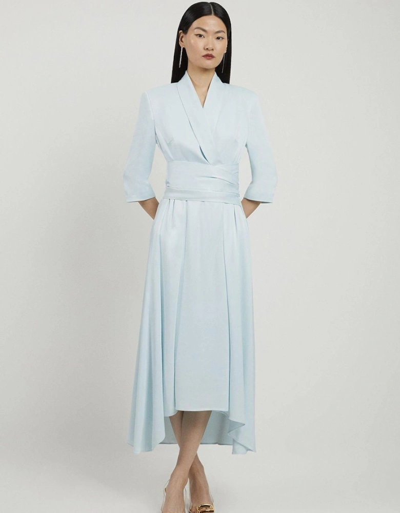 Satin Back Crepe Wrap Tie High Low Midaxi Dress