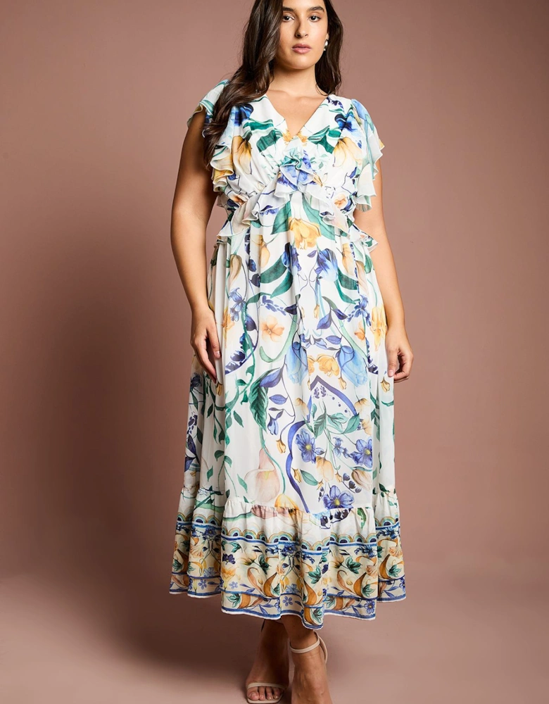 Plus V Neck Flutter Sleeve Printed Midi Dress