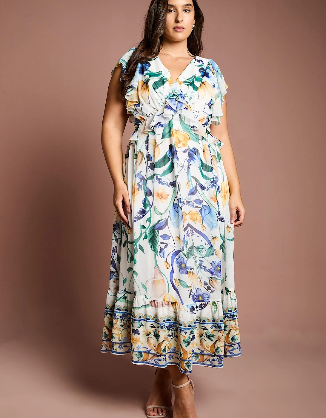 Plus V Neck Flutter Sleeve Printed Midi Dress, 2 of 1