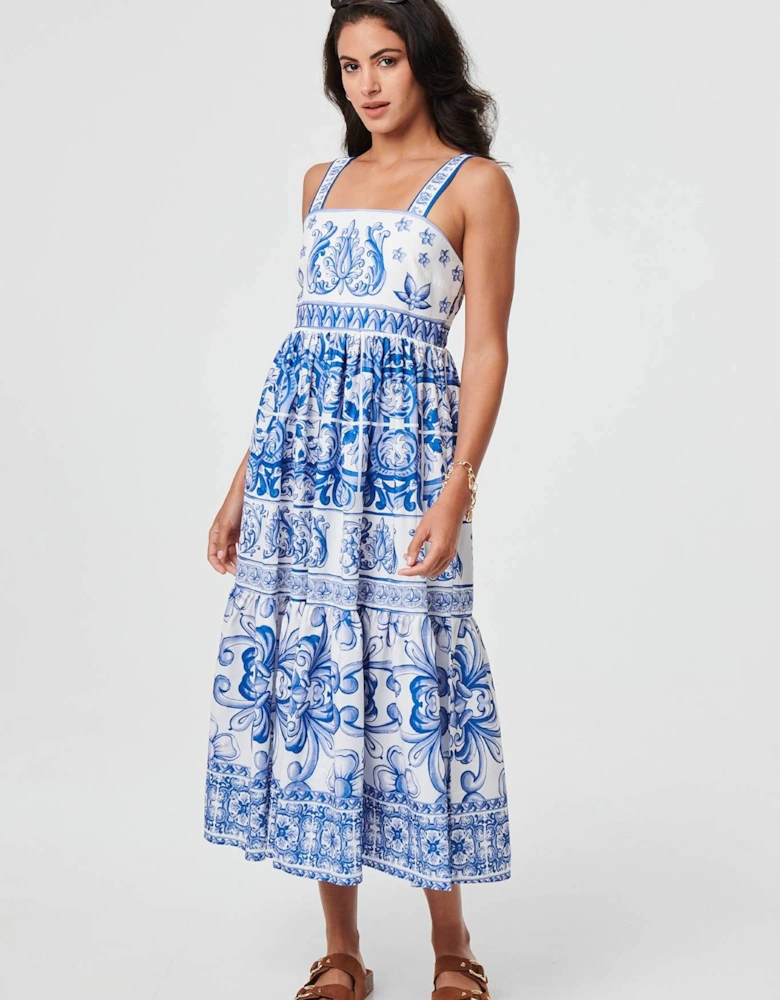 Mosaic Print Wide Strap Midi Sun Dress