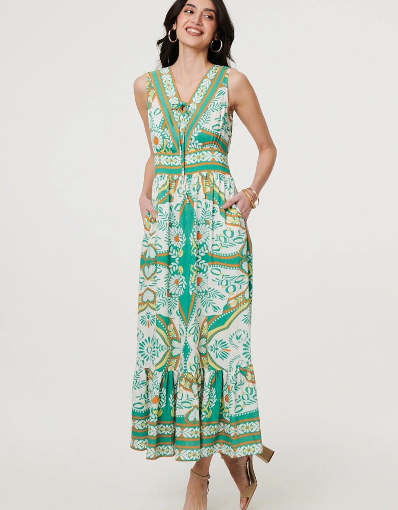 Printed Sleeveless Tie Empire Maxi Dress