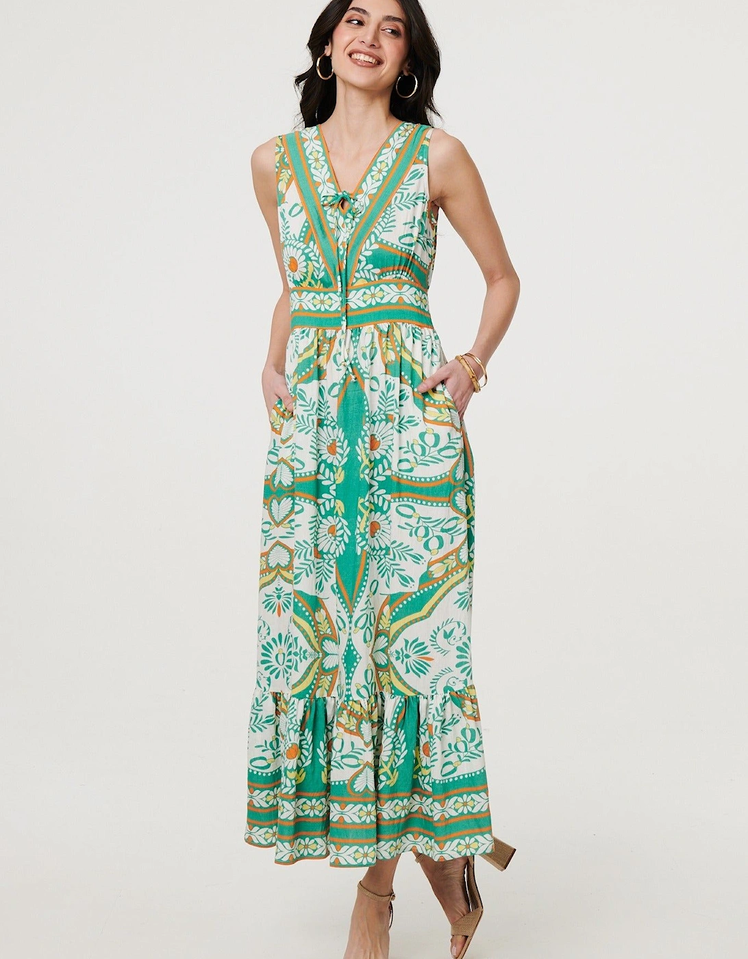Printed Sleeveless Tie Empire Maxi Dress, 2 of 1