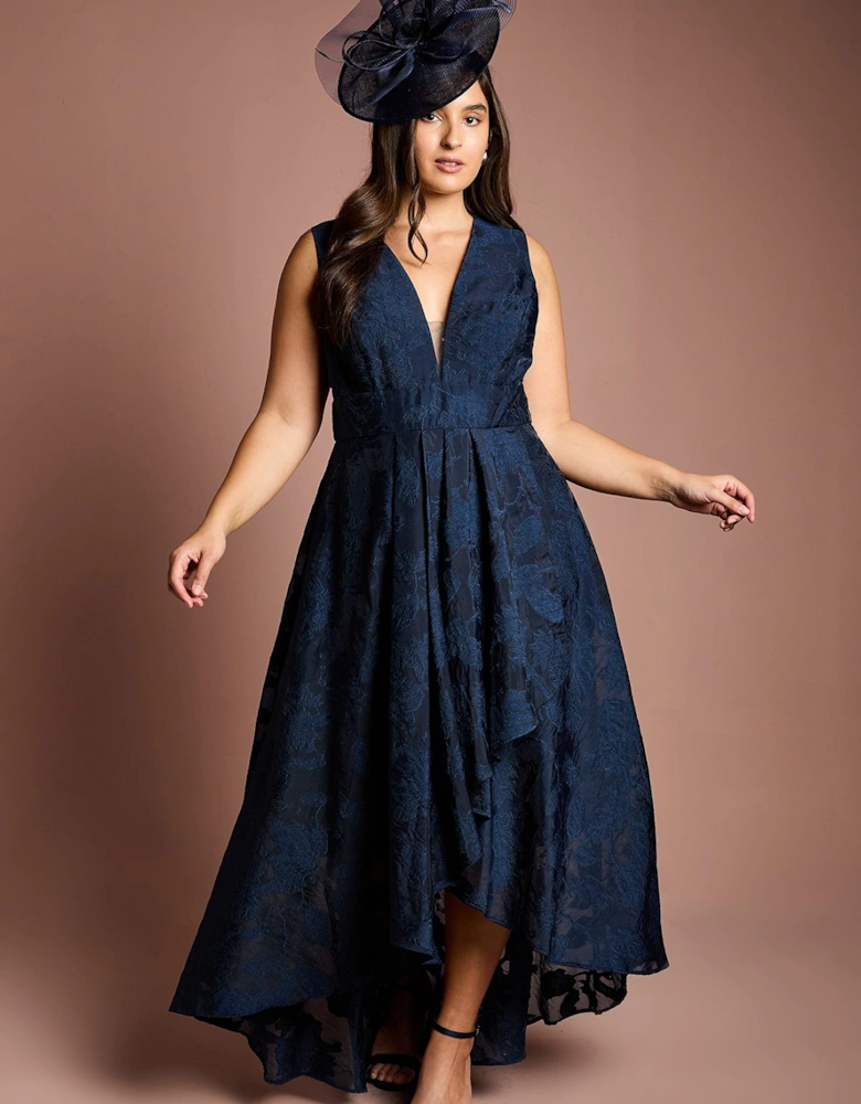 Plus Plunge Neck Waterfall Organza Jacquard Maxi Dress