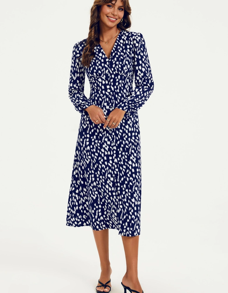 Brushstroke Print Long Sleeve Button Front Midi Dress In Navy