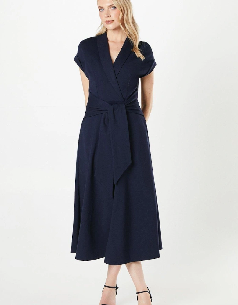 Ponte Shawl Collar Tie Waist Midi Dress