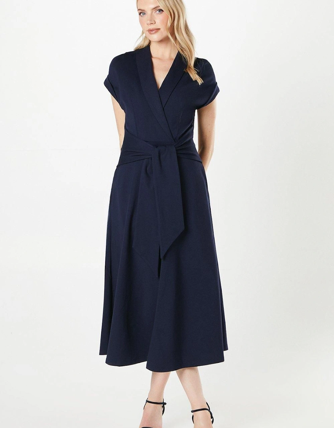 Ponte Shawl Collar Tie Waist Midi Dress, 2 of 1