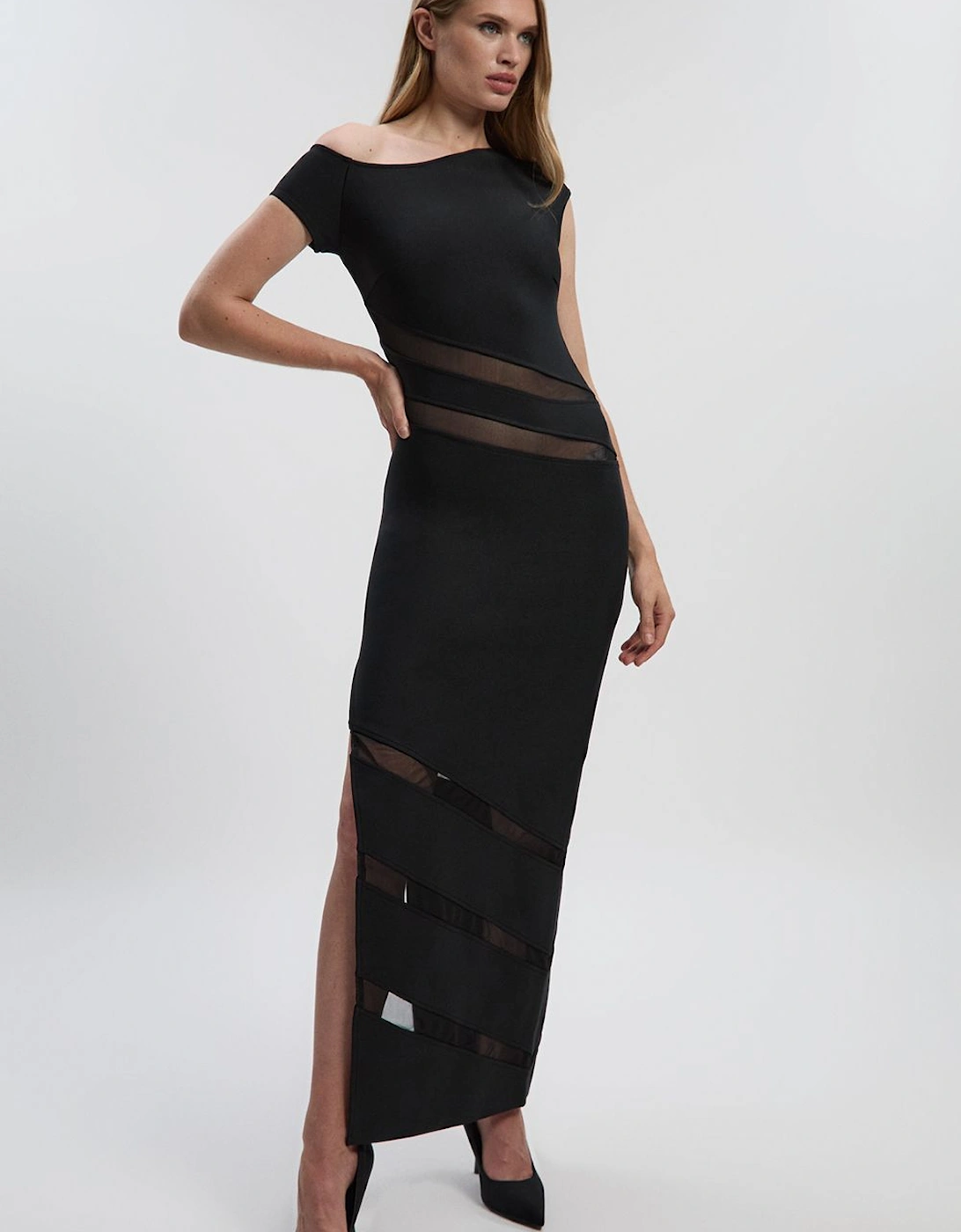 Asymmetric Neck Figure Form Mesh Panel Maxi Dress, 2 of 1