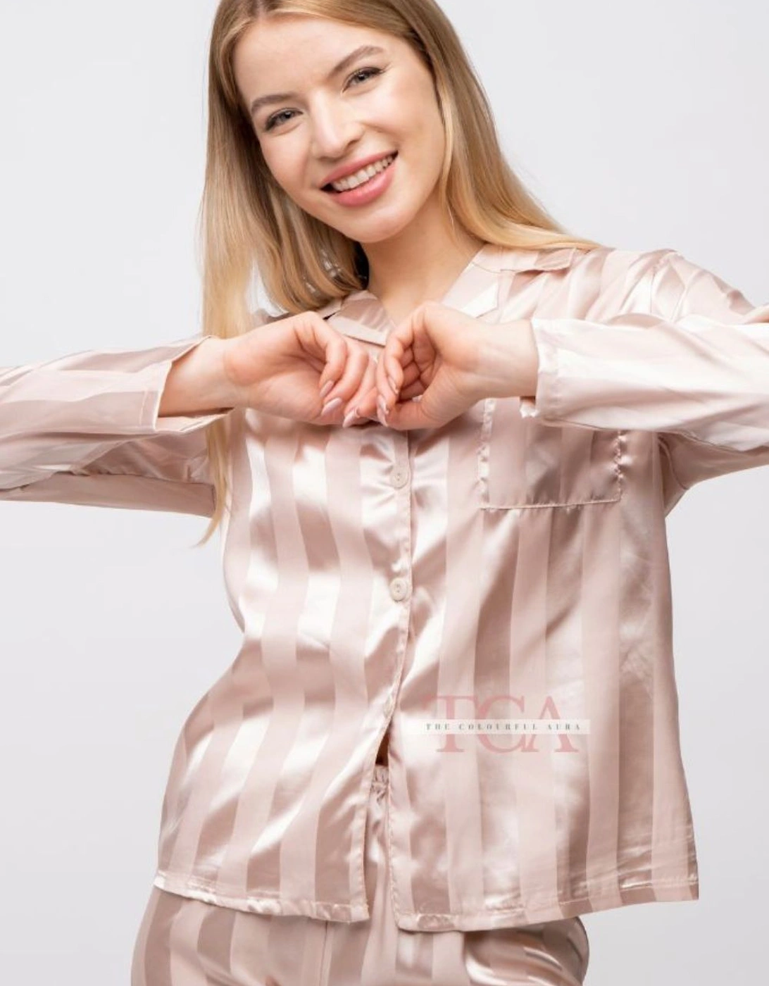 Beige Stripe Soft Satin Long Sleeve Night Suit Women's Silk Sleepwear Pyjama Set, 2 of 1