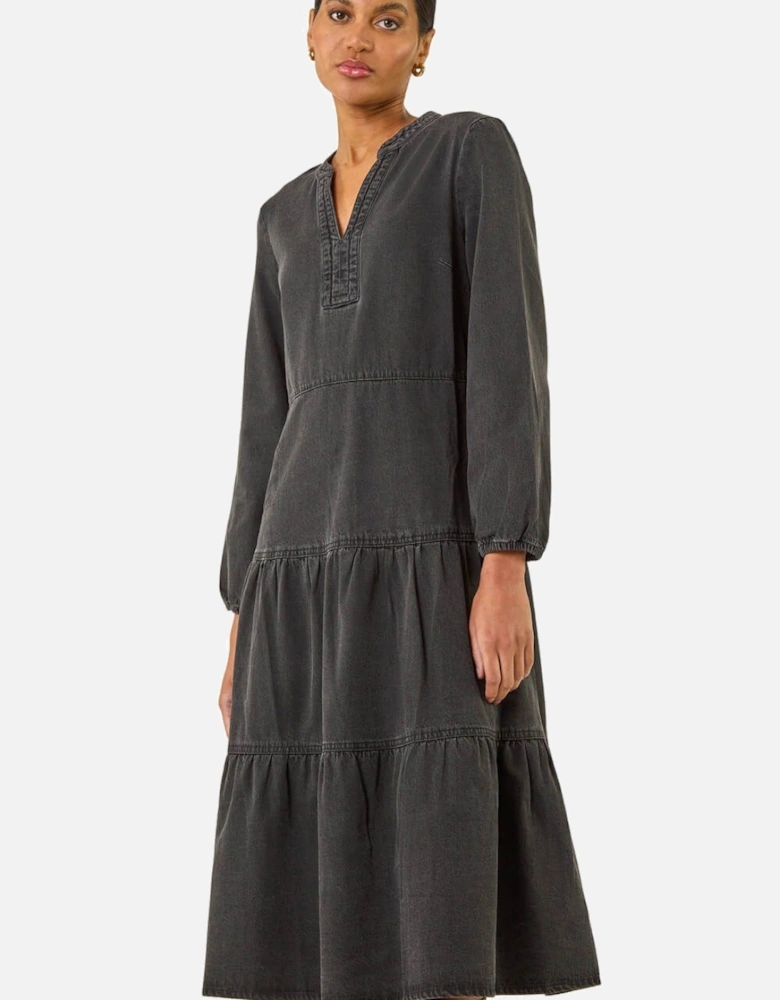 Cotton Denim Tiered Midi Dress