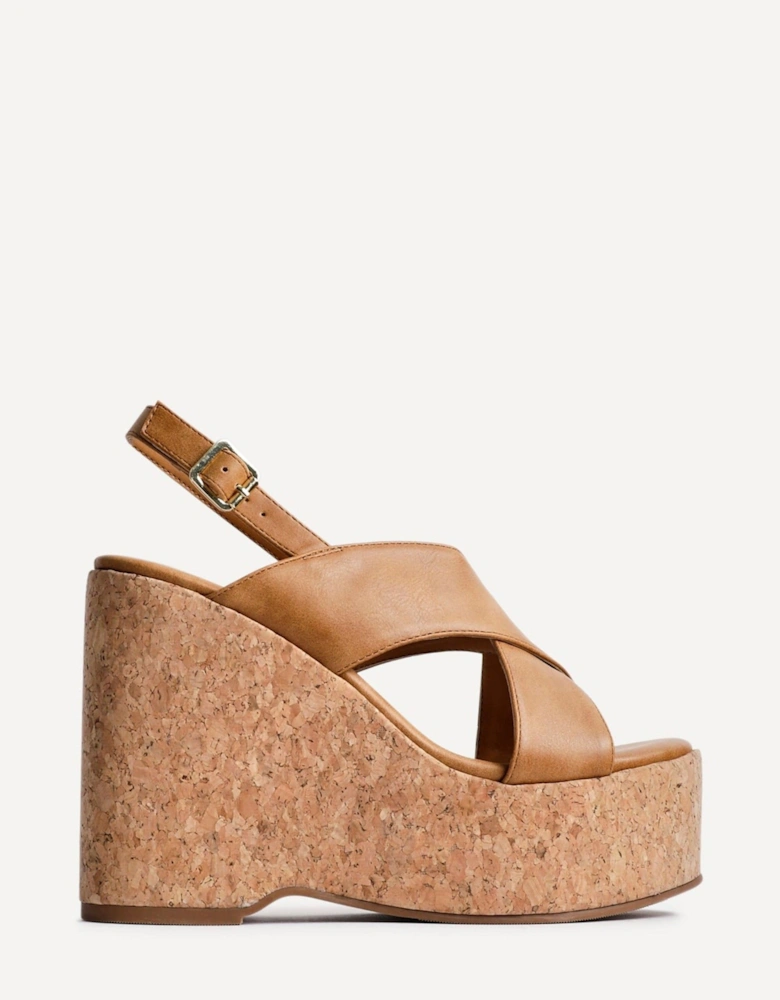 Santana Tan Faux Leather Crossover High Platform Cork Wedge