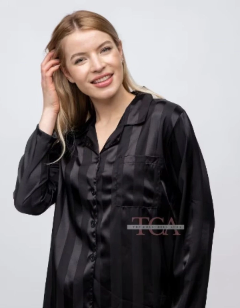 Black Stripe Soft Satin Long Sleeve Night Suit Women's Silk Sleepwear Pyjama Set