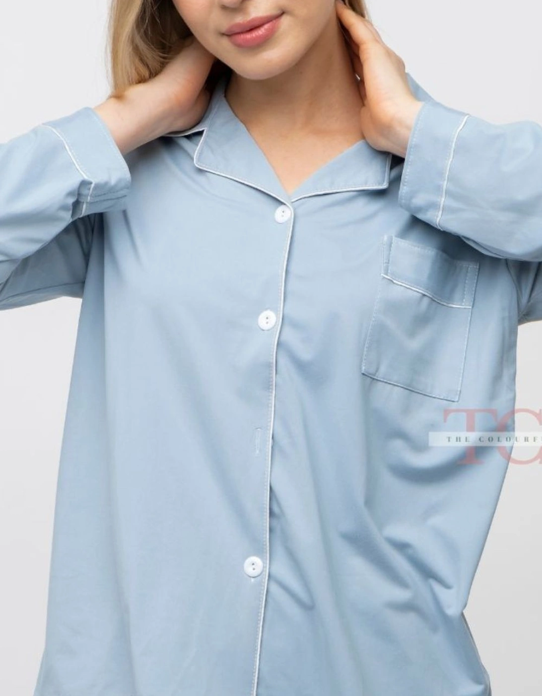 Blue Plain Soft Cotton Long Sleeve Night Suit Women's Silk Sleepwear Pyjama Set, 2 of 1