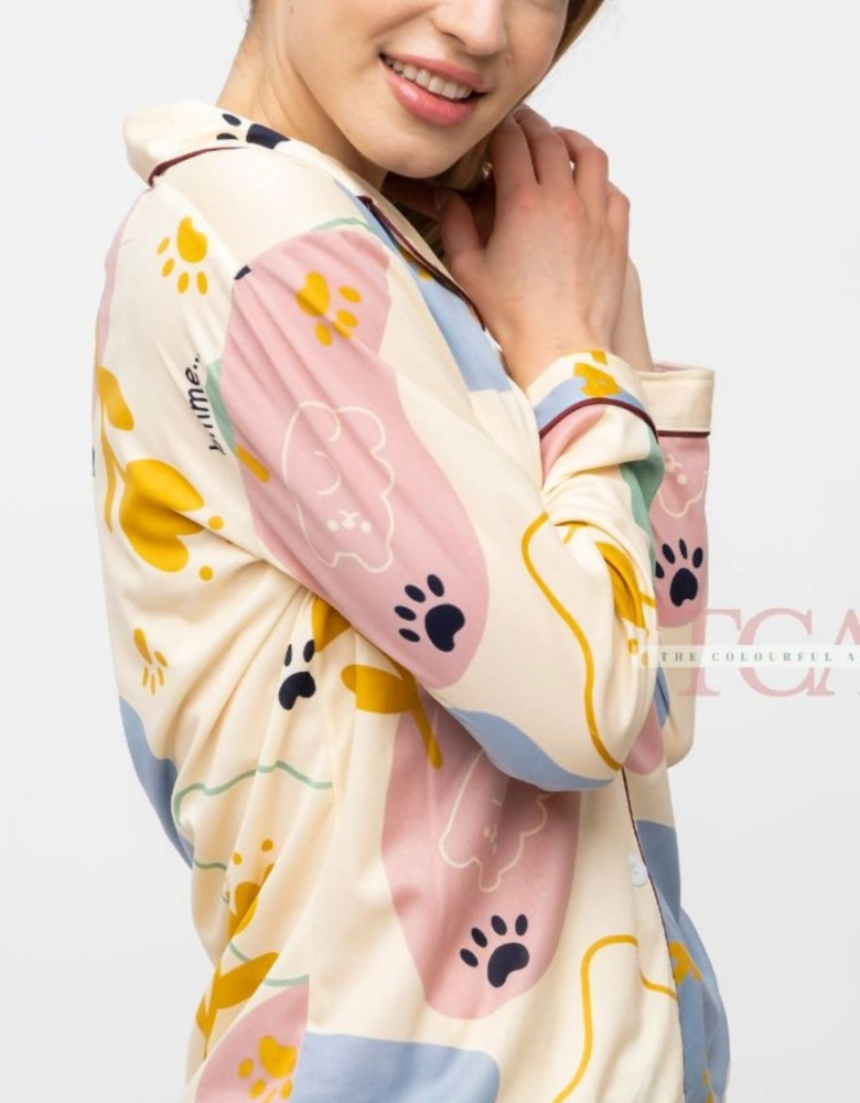 Dog Paw Printed Soft Long Sleeve Night Suit Women's Silk Sleepwear Pyjama Set