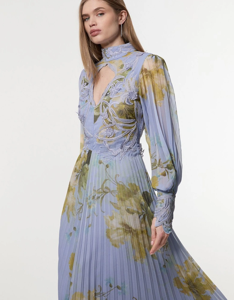 Floral Applique Lace Pleated Woven Maxi Dress