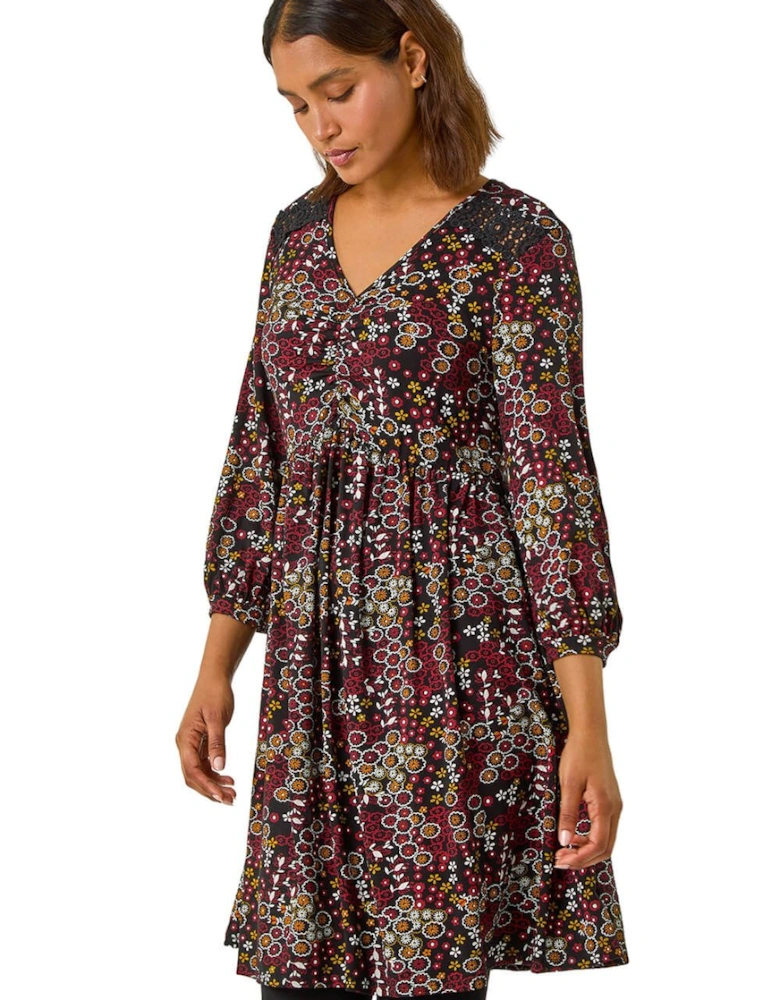 Floral Print Lace Trim Stretch Dress