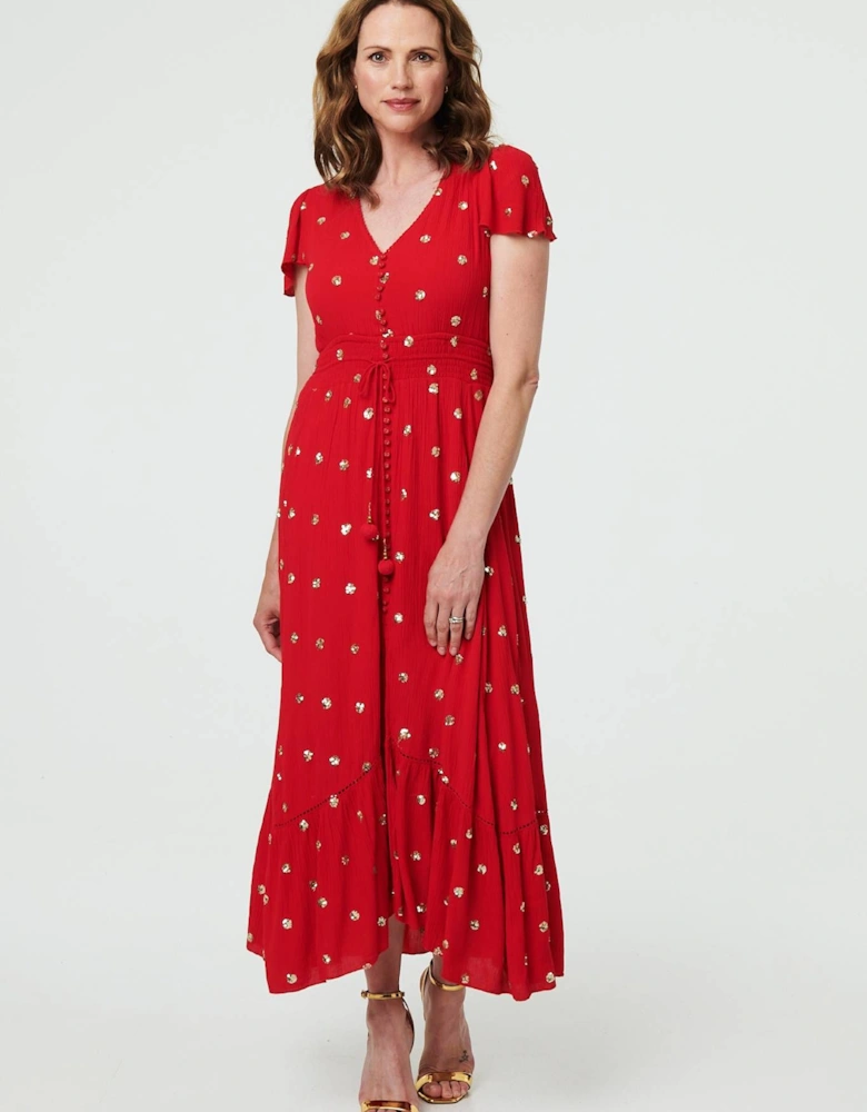Sparkly Cap Sleeve Tassel Tie Maxi Dress