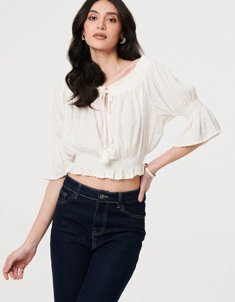 Textured Bardot Ruched Crop Top