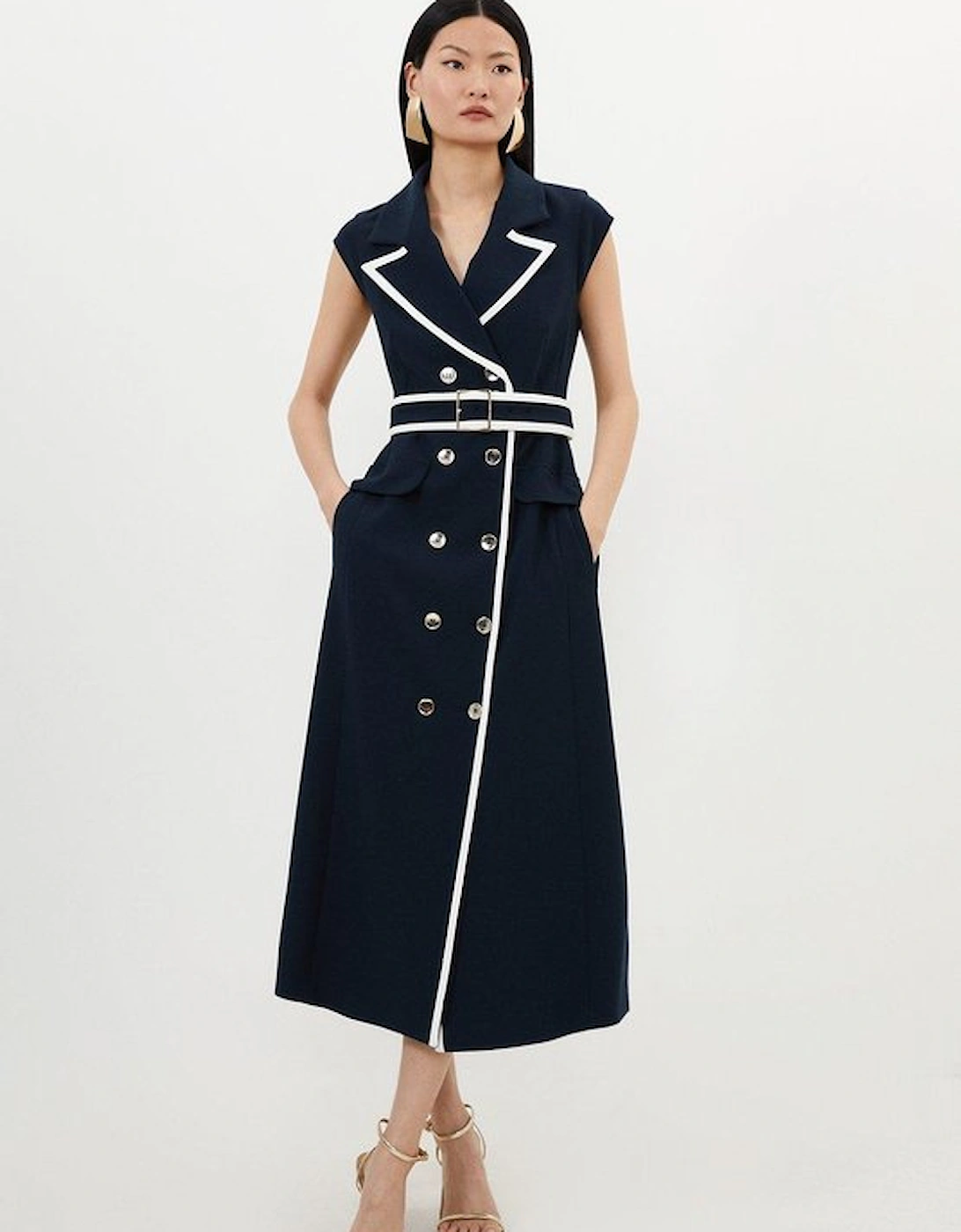 Compact Stretch Double Breasted Belted Tipped Tailored Midi Dress, 5 of 4
