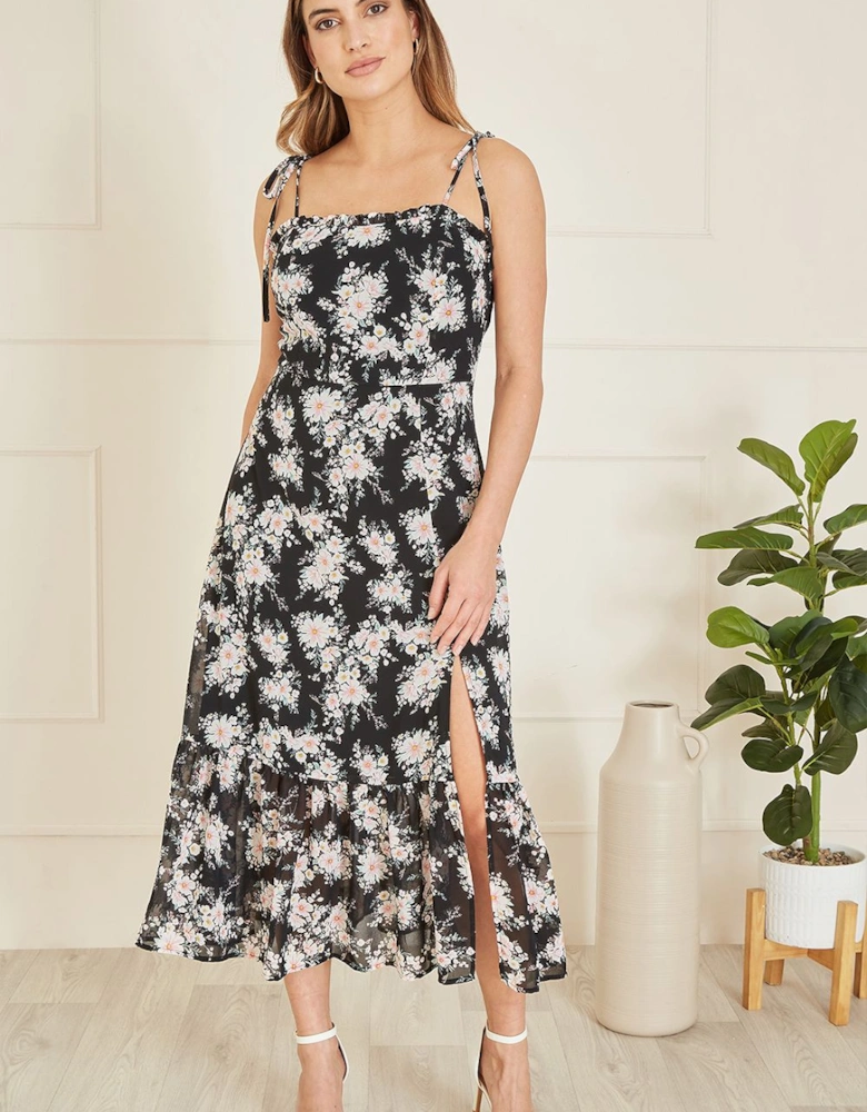 Black Floral Midi Sundress With Split Hem