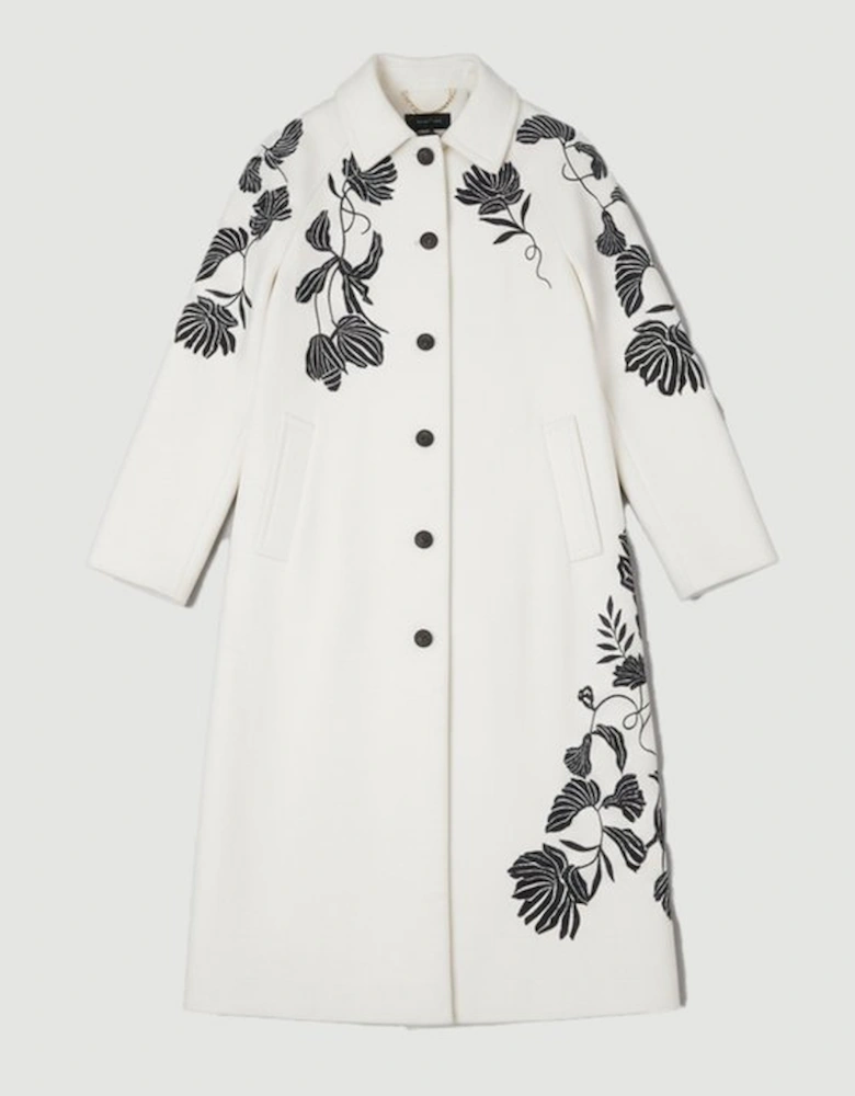 Brushed Wool Placed Embroidery Tailored Midi Coat