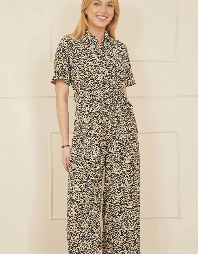 Brown Leopard Print Pleated Fabric Jumpsuit