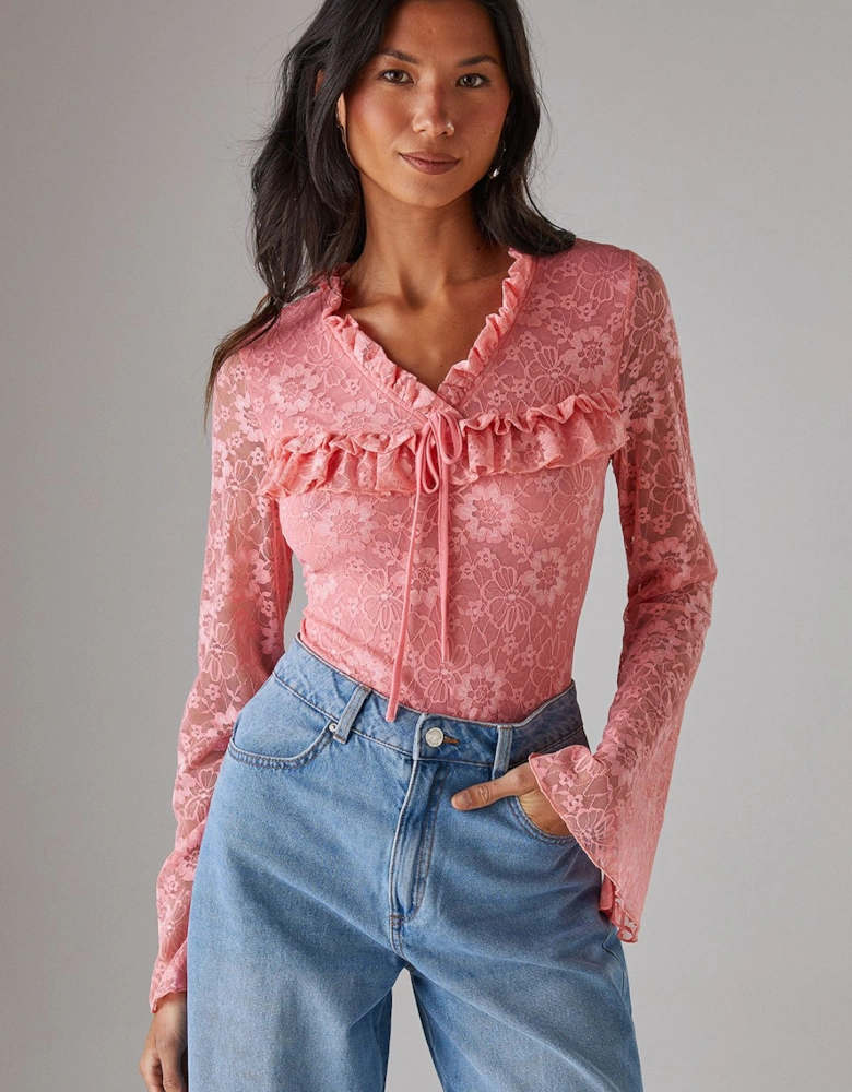 Lace Ruffle Yoke Tie Cuff Bodysuit