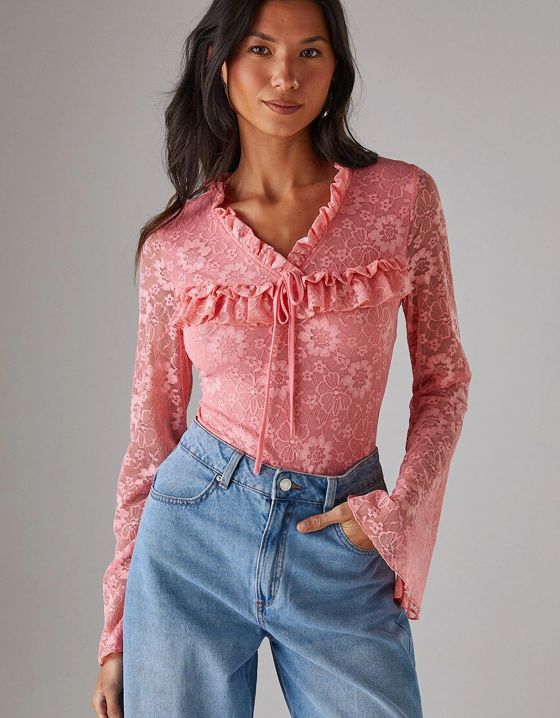 Lace Ruffle Yoke Tie Cuff Bodysuit, 2 of 1