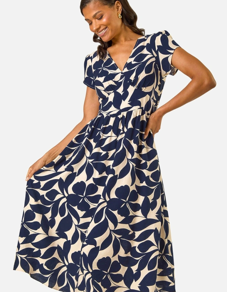 Leaf Print V-Neck Midi Dress