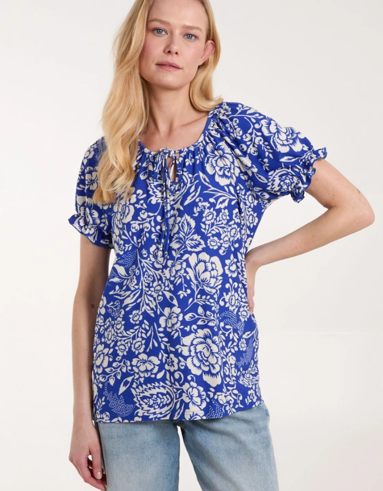Shirred Sleeve Tie Front Top