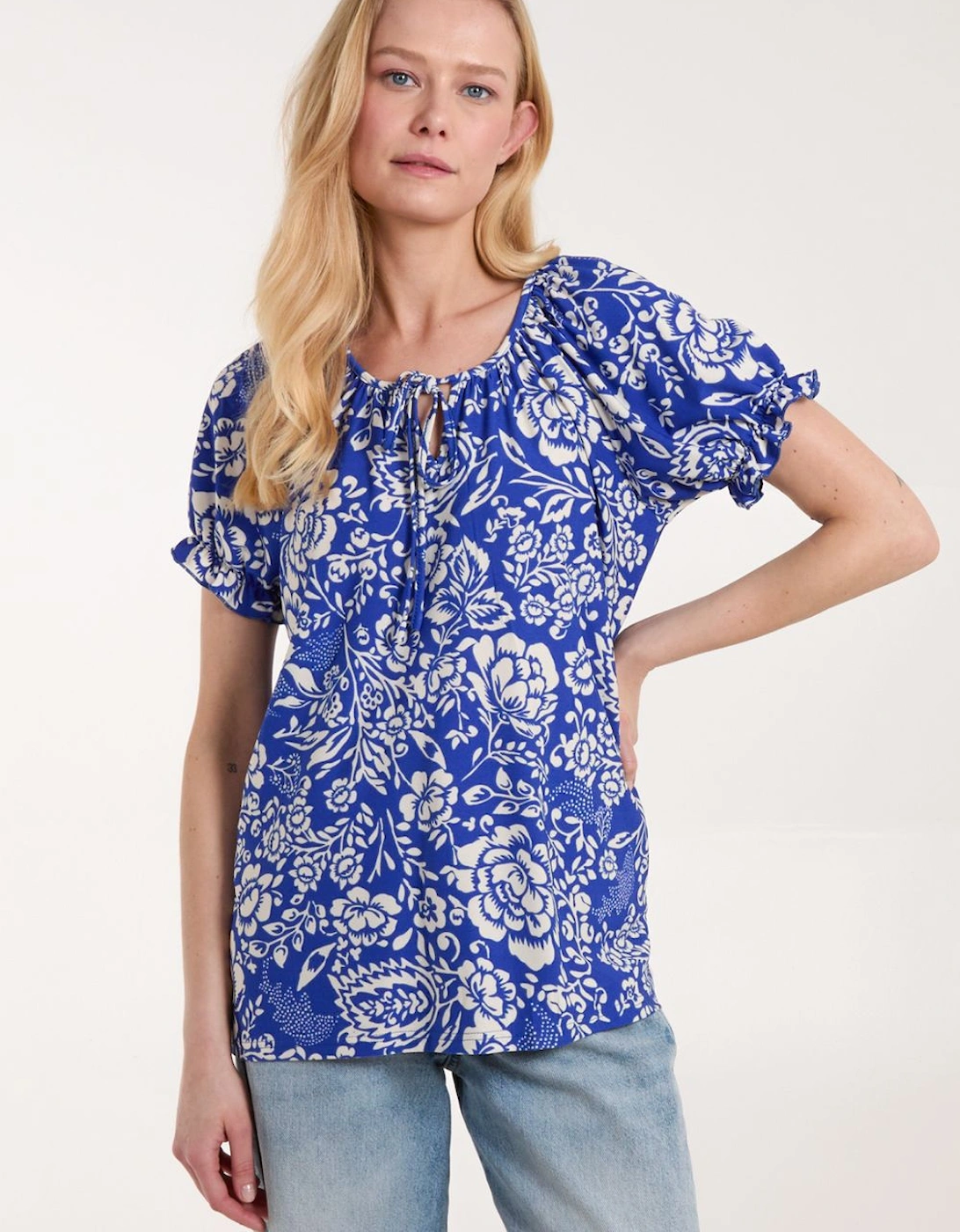 Shirred Sleeve Tie Front Top, 2 of 1