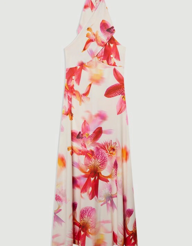 Abstract Floral Printed Jersey Crepe Twist Neckline Maxi Dress