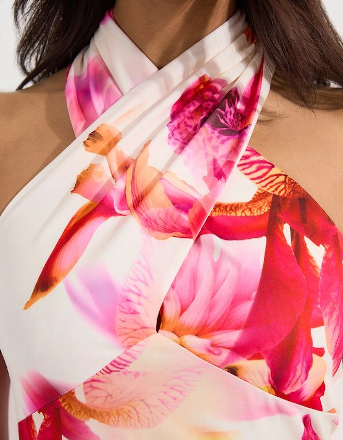 Abstract Floral Printed Jersey Crepe Twist Neckline Maxi Dress