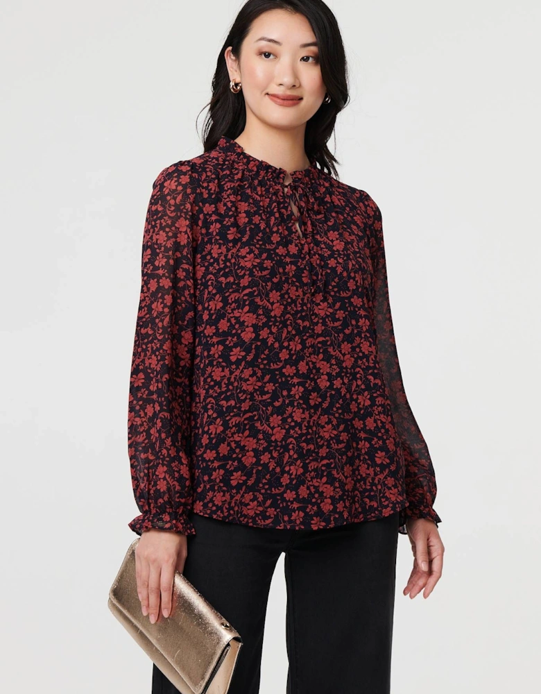 Printed Frilled Tie Neck Blouse
