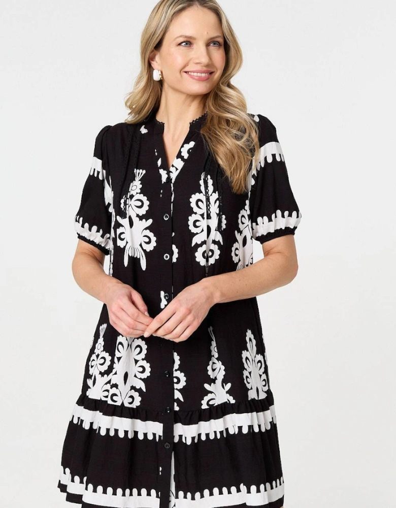 Printed Lace Trim Relaxed Short Shirt Dress