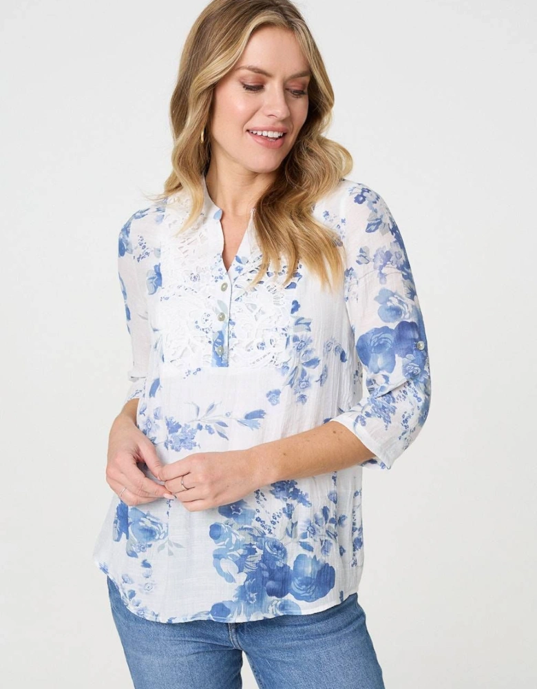 Floral 3/4 Sleeve Lace Trim Blouse
