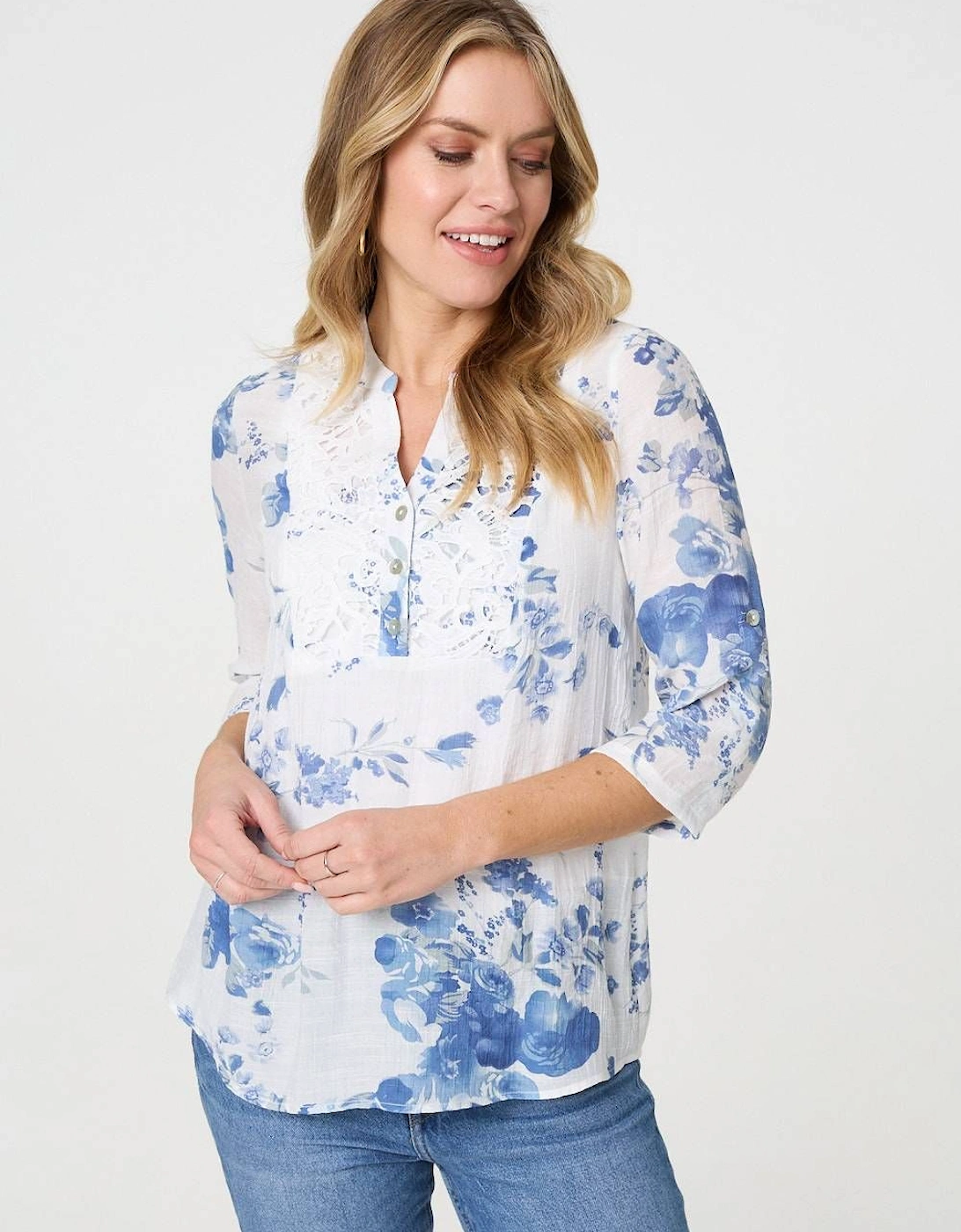 Floral 3/4 Sleeve Lace Trim Blouse, 2 of 1